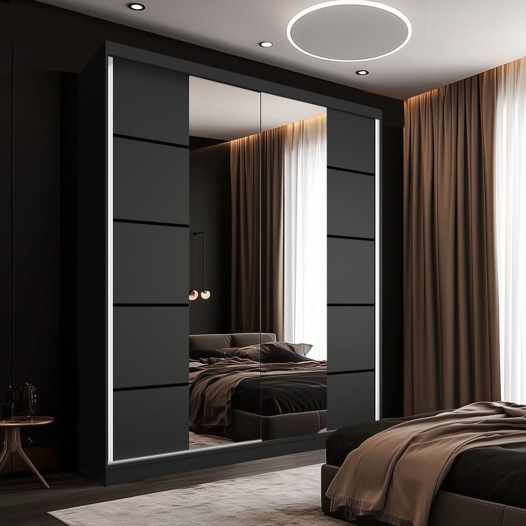 Šatní skříň SERENITY 158 cm Belini černý mat / černý mat
 s posuvnými dveřmi a zrcadlem Výrobce ME SERENITY SZP7/0/B/B/0/HIAL 