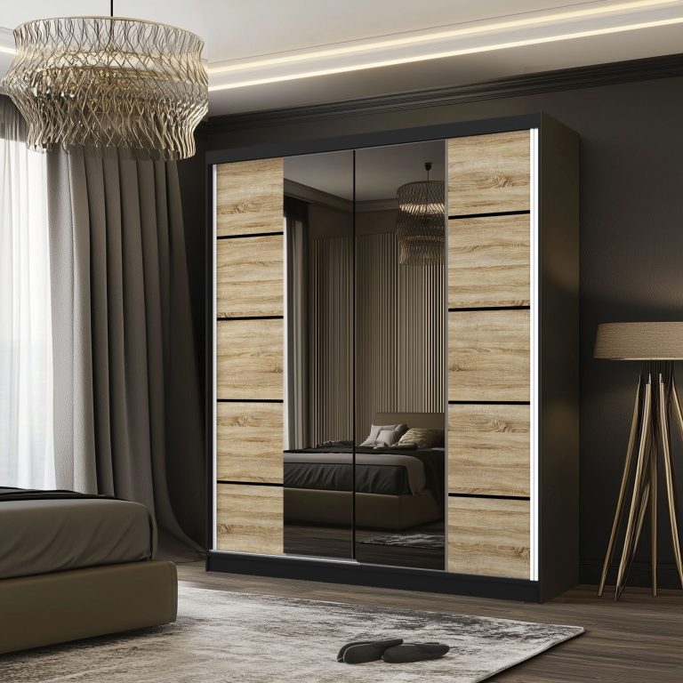 Šatní skříň SERENITY 158 cm Belini černý mat / dub sonoma s posuvnými dveřmi a zrcadlem Výrobce ME SERENITY SZP7/0/B/DS/0/HIAL