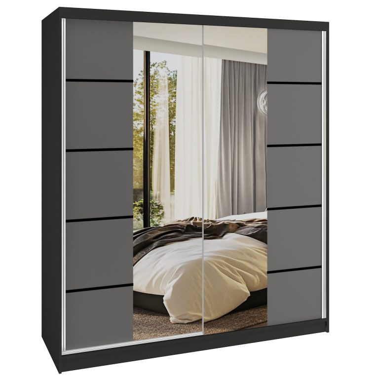Šatní skříň SERENITY 158 cm Belini černý mat / šedý mat s posuvnými dveřmi a zrcadlem Výrobce ME SERENITY SZP7/0/B/SR/0/HIAL