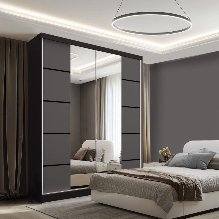Šatní skříň SERENITY 158 cm Belini černý mat / šedý mat s posuvnými dveřmi a zrcadlem Výrobce ME SERENITY SZP7/0/B/SR/0/HIAL