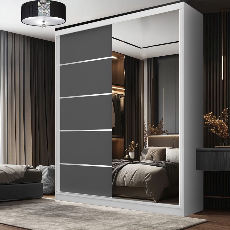 Šatní skříň SERENITY 158 cm Belini bílý mat / šedý mat
 s posuvnými dveřmi a zrcadlem Výrobce MBP SERENITY SZP7/0/W/SR/0/HIAL 
