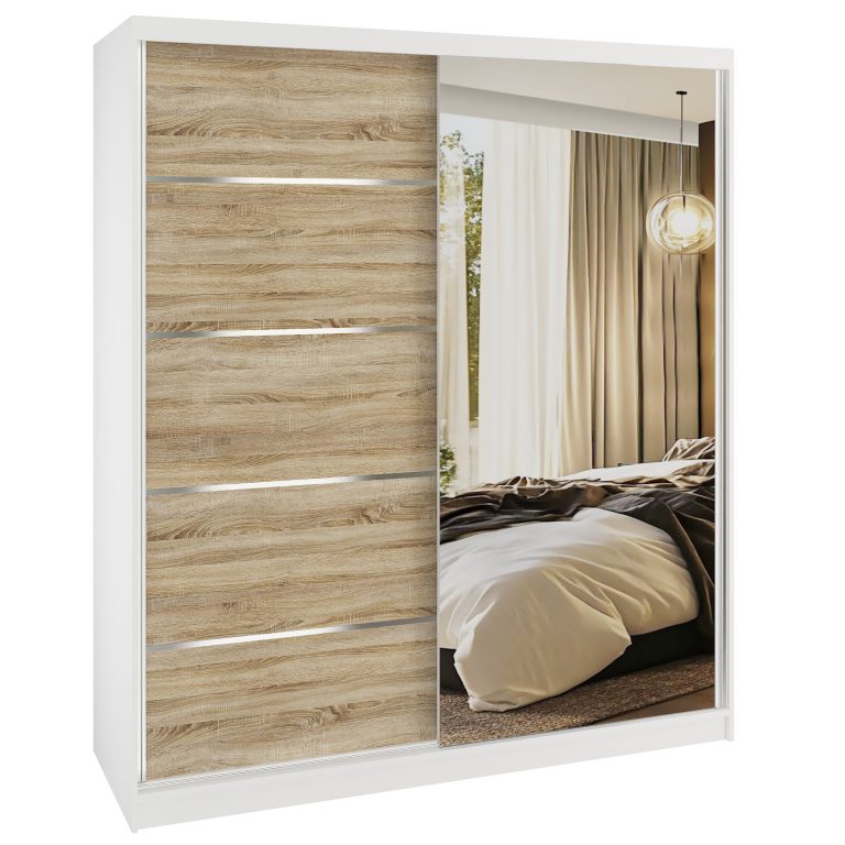 Šatní skříň SERENITY 158 cm Belini bílý mat / dub sonoma s posuvnými dveřmi a zrcadlem Výrobce MBP SERENITY SZP7/0/W/DS/0/HIAL