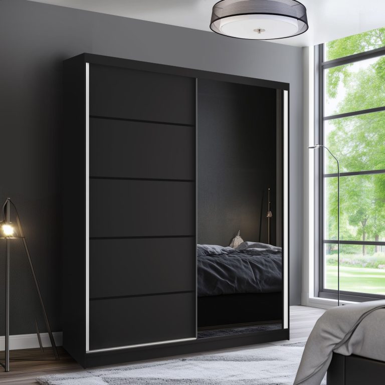 Šatní skříň SERENITY 158 cm Belini černý mat / černý mat s posuvnými dveřmi a zrcadlem Výrobce MBP SERENITY SZP7/0/B/B/0/HIAL