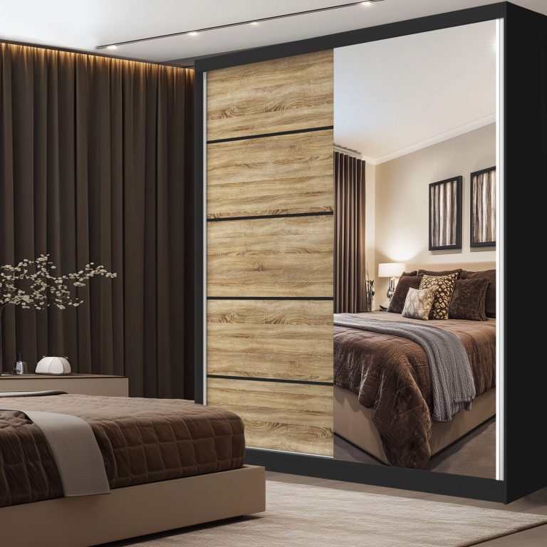 Šatní skříň SERENITY 158 cm Belini černý mat / dub sonoma s posuvnými dveřmi a zrcadlem Výrobce MBP SERENITY SZP7/0/B/DS/0/HIAL