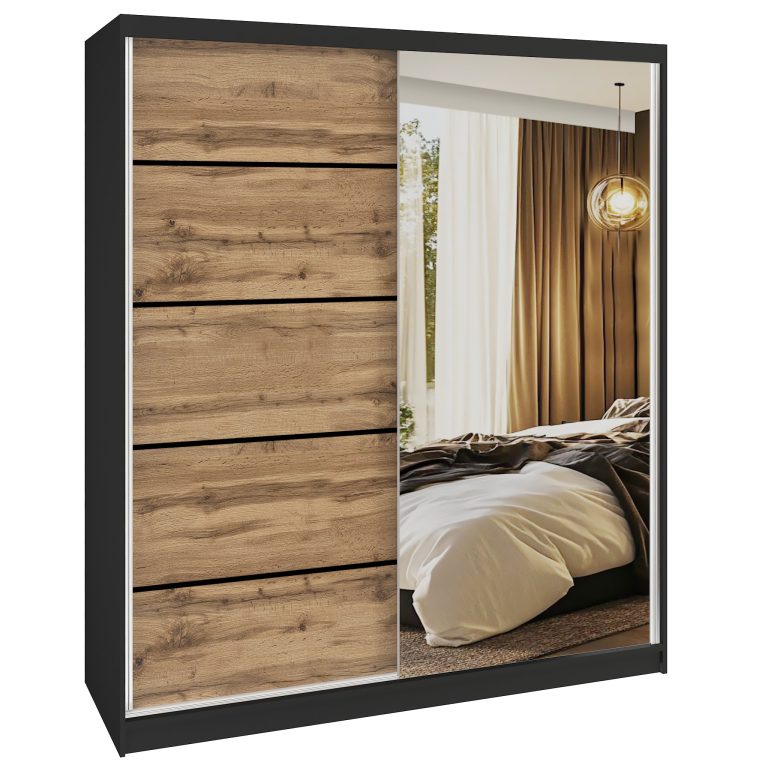 Šatní skříň SERENITY 158 cm Belini černý mat / dub wotan s posuvnými dveřmi a zrcadlem Výrobce MBP SERENITY SZP7/0/B/DW/0/HIAL