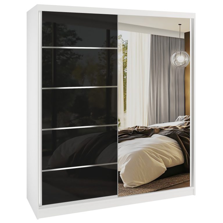 Šatní skříň SERENITY 158 cm Belini bílý mat / černý lesk s posuvnými dveřmi a zrcadlem Výrobce MGB SERENITY SZP7/0/W/B/0/HIAL