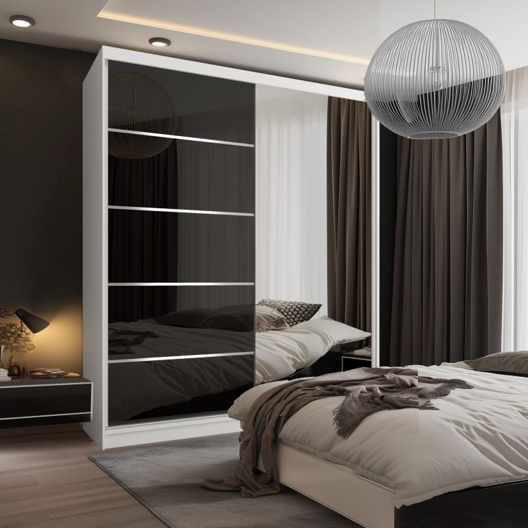 Šatní skříň SERENITY 158 cm Belini bílý mat / černý lesk s posuvnými dveřmi a zrcadlem Výrobce MGB SERENITY SZP7/0/W/B/0/HIAL