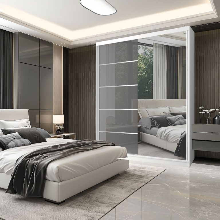 Šatní skříň SERENITY 158 cm Belini černý mat / šedý lesk s posuvnými dveřmi a zrcadlem Výrobce  MGB SERENITY SZP7/0/W/S/0/HIAL