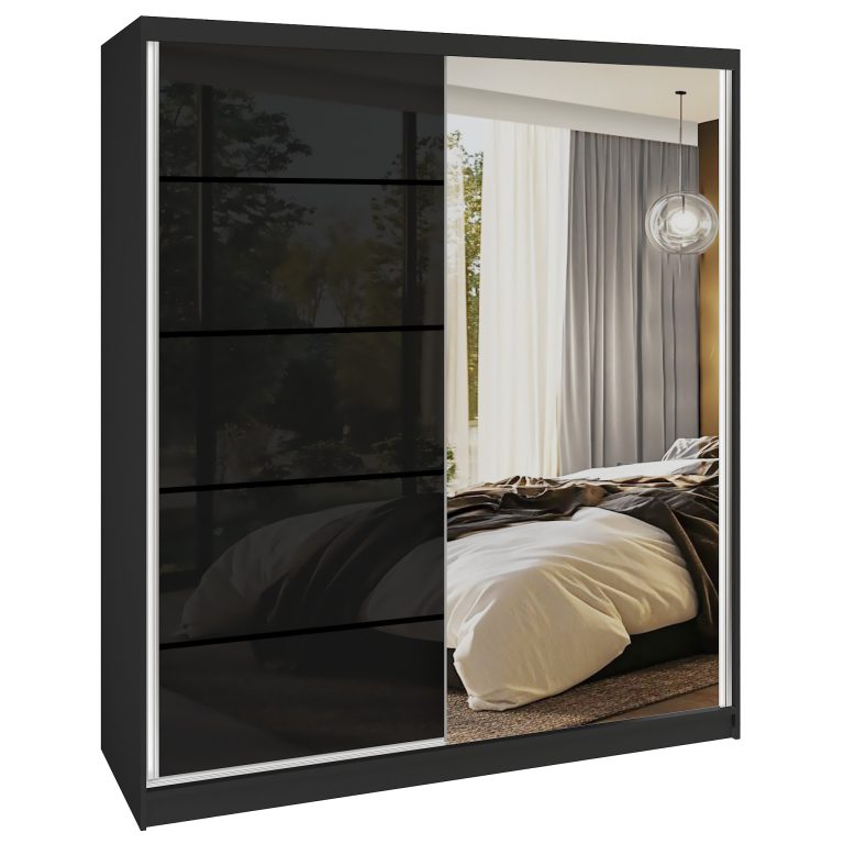 Šatní skříň SERENITY 158 cm Belini černý mat / černý lesk s posuvnými dveřmi a zrcadlem Výrobce MGB SERENITY SZP7/0/B/B/0/HIAL