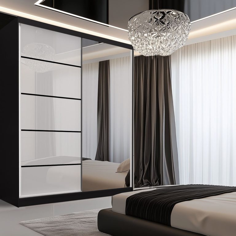 Šatní skříň SERENITY 158 cm Belini černý mat / bílý lesk s posuvnými dveřmi a zrcadlem Výrobce MGB SERENITY SZP7/0/B/W/0/HIAL