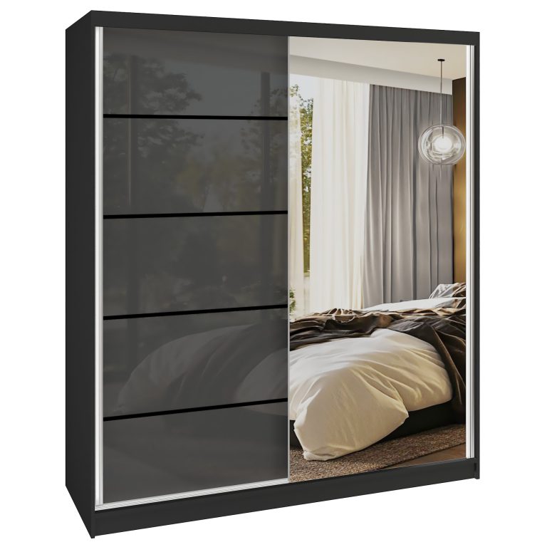 Šatní skříň SERENITY 158 cm Belini černý mat / šedý lesk s posuvnými dveřmi a zrcadlem Výrobce MGB SERENITY SZP7/0/B/S/0/HIAL