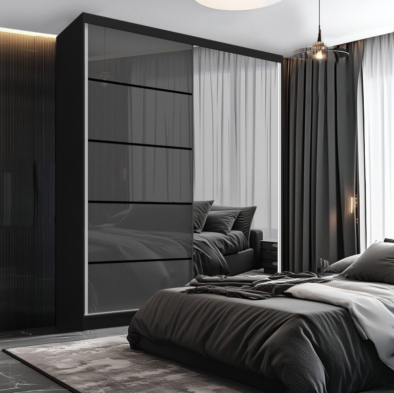 Šatní skříň SERENITY 158 cm Belini černý mat / šedý lesk s posuvnými dveřmi a zrcadlem Výrobce MGB SERENITY SZP7/0/B/S/0/HIAL