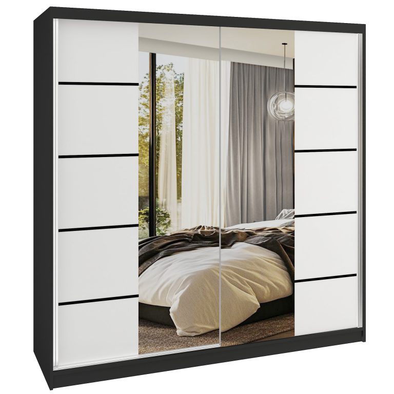 Šatní skříň SERENITY 200 cm Belini černý mat / bílý mat s posuvnými dveřmi a zrcadlem Výrobce ME SERENITY SZP5/0/B/W/0/HIAL