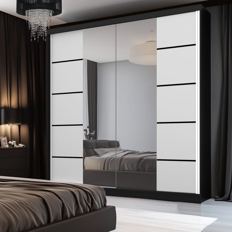 Šatní skříň SERENITY 200 cm Belini černý mat / bílý mat s posuvnými dveřmi a zrcadlem Výrobce ME SERENITY SZP5/0/B/W/0/HIAL