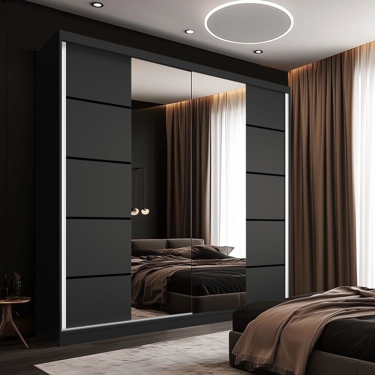 Šatní skříň SERENITY 200 cm Belini černý mat / černý mat s posuvnými dveřmi a zrcadlem Výrobce ME SERENITY SZP5/0/B/B/0/HIAL