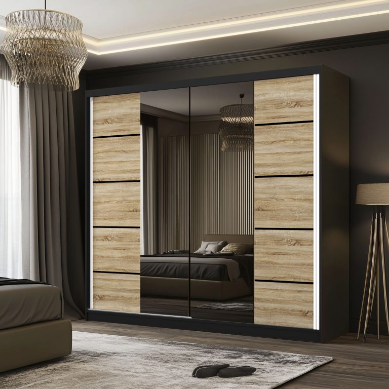 Šatní skříň SERENITY 200 cm Belini černý mat / dub sonoma s posuvnými dveřmi a zrcadlem Výrobce ME SERENITY SZP5/0/B/DS/0/HIAL