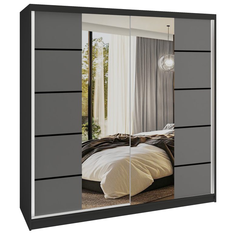 Šatní skříň SERENITY 200 cm Belini černý mat / šedý mat s posuvnými dveřmi a zrcadlem Výrobce ME SERENITY SZP5/0/B/SR/0/HIAL