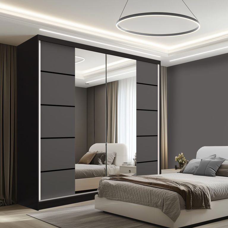 Šatní skříň SERENITY 200 cm Belini černý mat / šedý mat s posuvnými dveřmi a zrcadlem Výrobce ME SERENITY SZP5/0/B/SR/0/HIAL