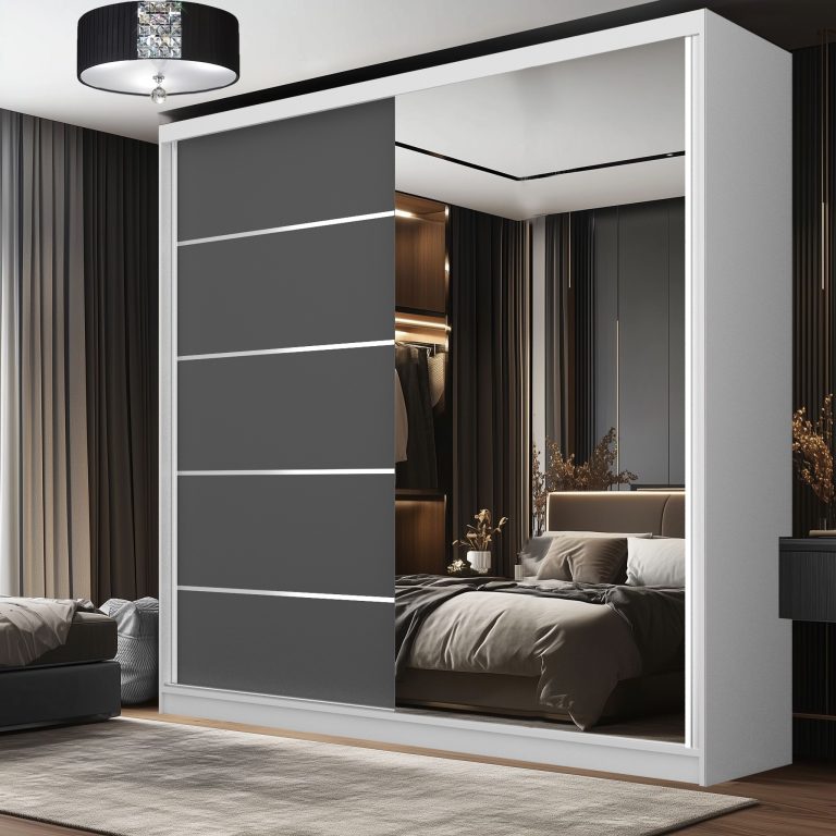 Šatní skříň SERENITY 200 cm Belini bílý mat / šedý mat s posuvnými dveřmi a zrcadlem Výrobce MBP SERENITY SZP5/0/W/SR/0/HIAL