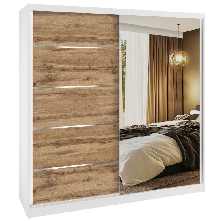 Šatní skříň SERENITY 200 cm Belini bílý mat / dub wotan s posuvnými dveřmi a zrcadlem Výrobce MBP SERENITY SZP5/0/W/DW/0/HIAL
