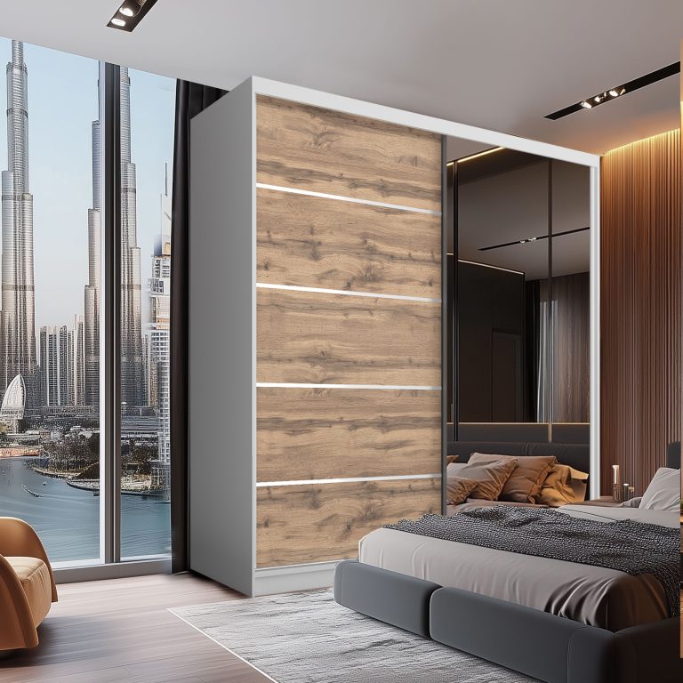 Šatní skříň SERENITY 200 cm Belini bílý mat / dub wotan s posuvnými dveřmi a zrcadlem Výrobce MBP SERENITY SZP5/0/W/DW/0/HIAL