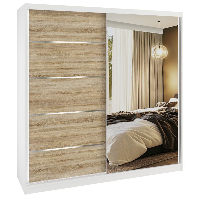 Šatní skříň SERENITY 200 cm Belini bílý mat /dub sonoma s posuvnými dveřmi a zrcadlem Výrobce MBP SERENITY SZP5/0/W/DS/0/HIAL