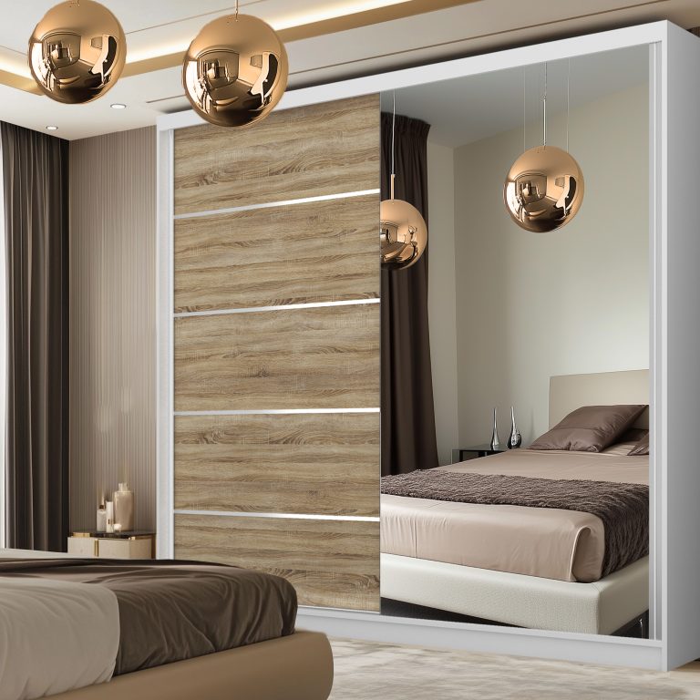 Šatní skříň SERENITY 200 cm Belini bílý mat /dub sonoma s posuvnými dveřmi a zrcadlem Výrobce MBP SERENITY SZP5/0/W/DS/0/HIAL