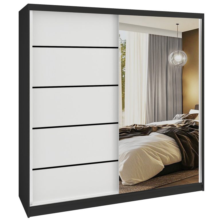 Šatní skříň SERENITY 200 cm Belini černý mat /bílý mat  s posuvnými dveřmi a zrcadlem Výrobce MBP SERENITY SZP5/0/B/W/0/HIAL