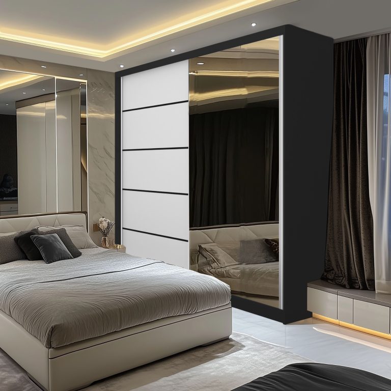 Šatní skříň SERENITY 200 cm Belini černý mat /bílý mat  s posuvnými dveřmi a zrcadlem Výrobce MBP SERENITY SZP5/0/B/W/0/HIAL