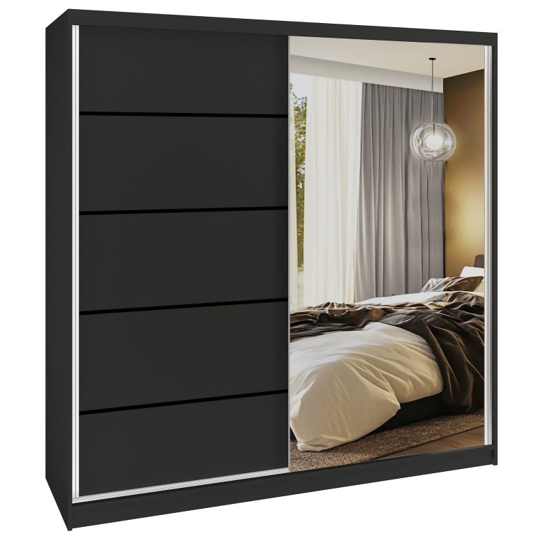 Šatní skříň SERENITY 200 cm Belini černý mat / černý mat s posuvnými dveřmi a zrcadlem Výrobce MBP SERENITY SZP5/0/B/B/0/HIAL