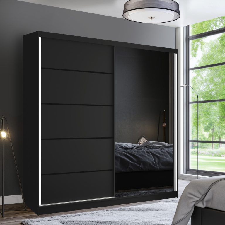 Šatní skříň SERENITY 200 cm Belini černý mat / černý mat s posuvnými dveřmi a zrcadlem Výrobce MBP SERENITY SZP5/0/B/B/0/HIAL