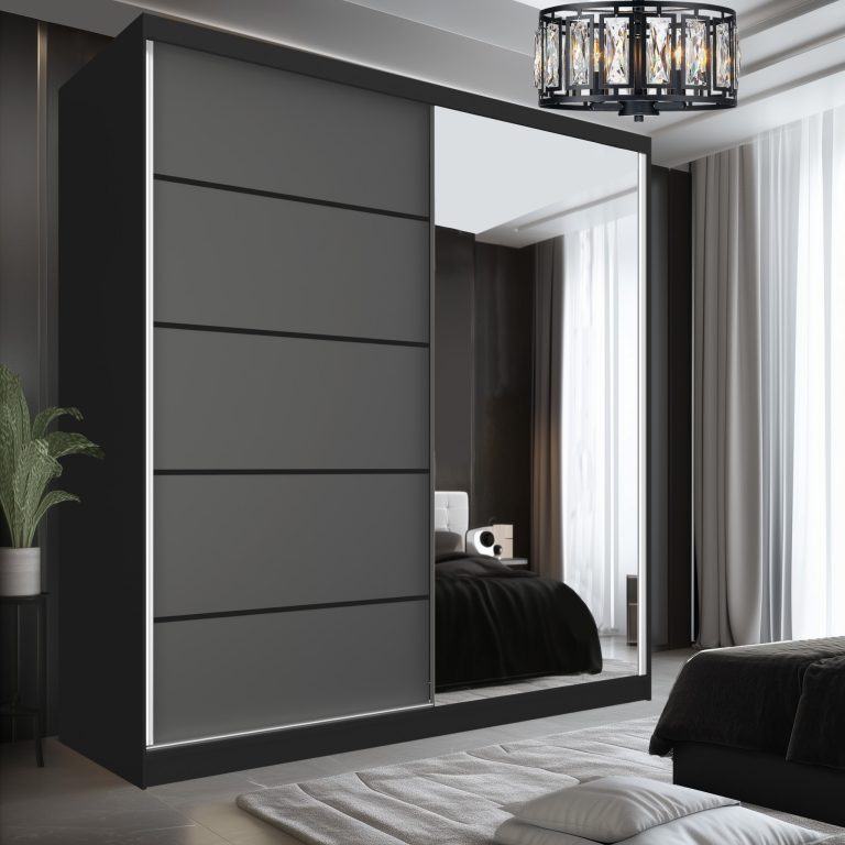 Šatní skříň SERENITY 200 cm Belini černý mat / šedý mat s posuvnými dveřmi a zrcadlem Výrobce MBP SERENITY SZP5/0/B/SR/0/HIAL