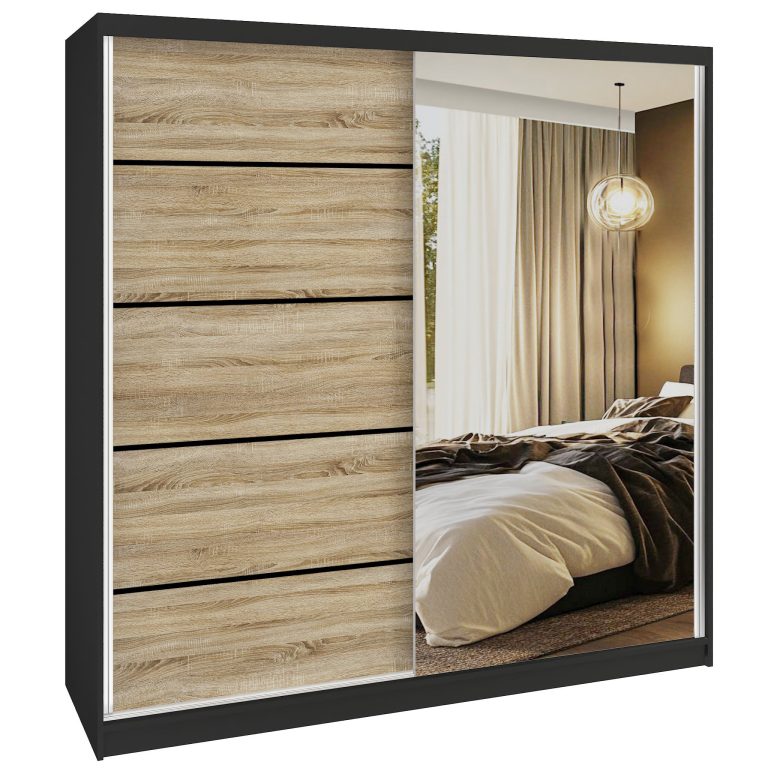 Šatní skříň SERENITY 200 cm Belini černý mat /dub sonoma  s posuvnými dveřmi a zrcadlem Výrobce MBP SERENITY SZP5/0/B/DS/0/HIAL
