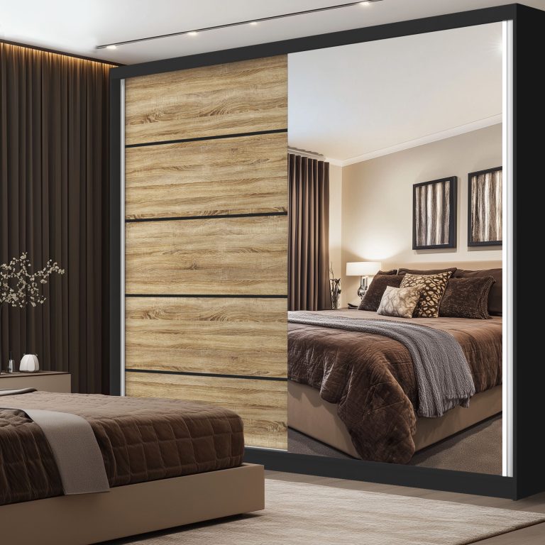 Šatní skříň SERENITY 200 cm Belini černý mat /dub sonoma  s posuvnými dveřmi a zrcadlem Výrobce MBP SERENITY SZP5/0/B/DS/0/HIAL