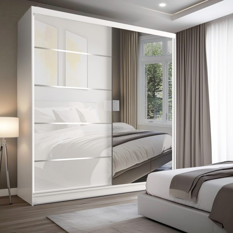 Šatní skříň SERENITY 200 cm Belini bílý mat / bílý lesk s posuvnými dveřmi a zrcadlem Výrobce MGB SERENITY SZP5/0/W/W/0/HIAL