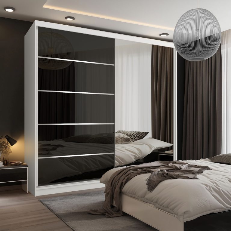Šatní skříň SERENITY 200 cm Belini bílý mat / černý lesk s posuvnými dveřmi a zrcadlem Výrobce MGB SERENITY SZP5/0/W/B/0/HIAL