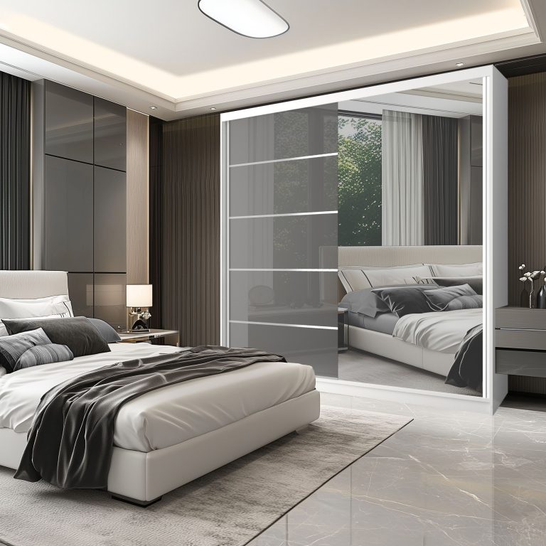 Šatní skříň SERENITY 200 cm Belini bílý mat / šedý lesk s posuvnými dveřmi a zrcadlem Výrobce MGB SERENITY SZP5/0/W/S/0/HIAL