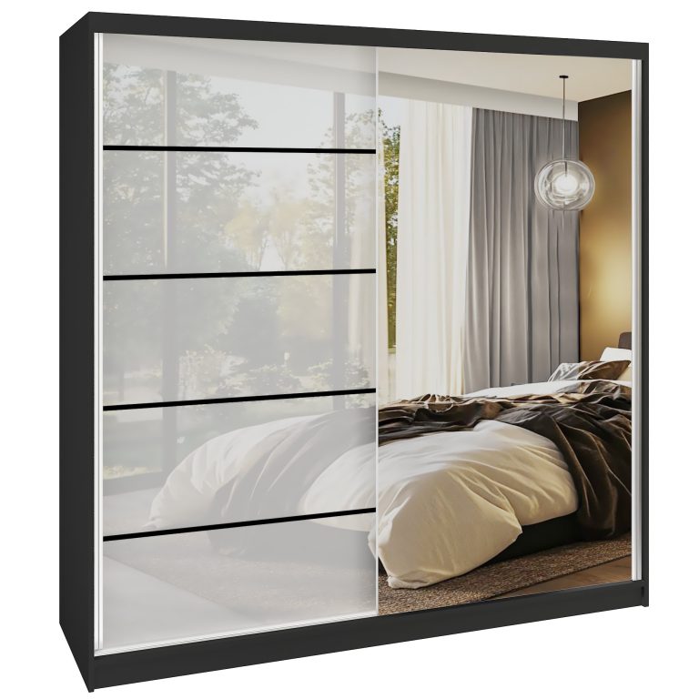 Šatní skříň SERENITY 200 cm Belini černý mat / bílý lesk s posuvnými dveřmi a zrcadlem Výrobce MGB SERENITY SZP5/0/B/W/0/HIAL