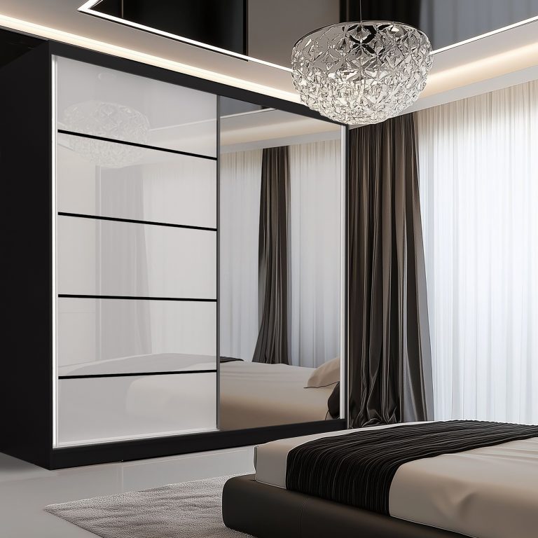 Šatní skříň SERENITY 200 cm Belini černý mat / bílý lesk s posuvnými dveřmi a zrcadlem Výrobce MGB SERENITY SZP5/0/B/W/0/HIAL