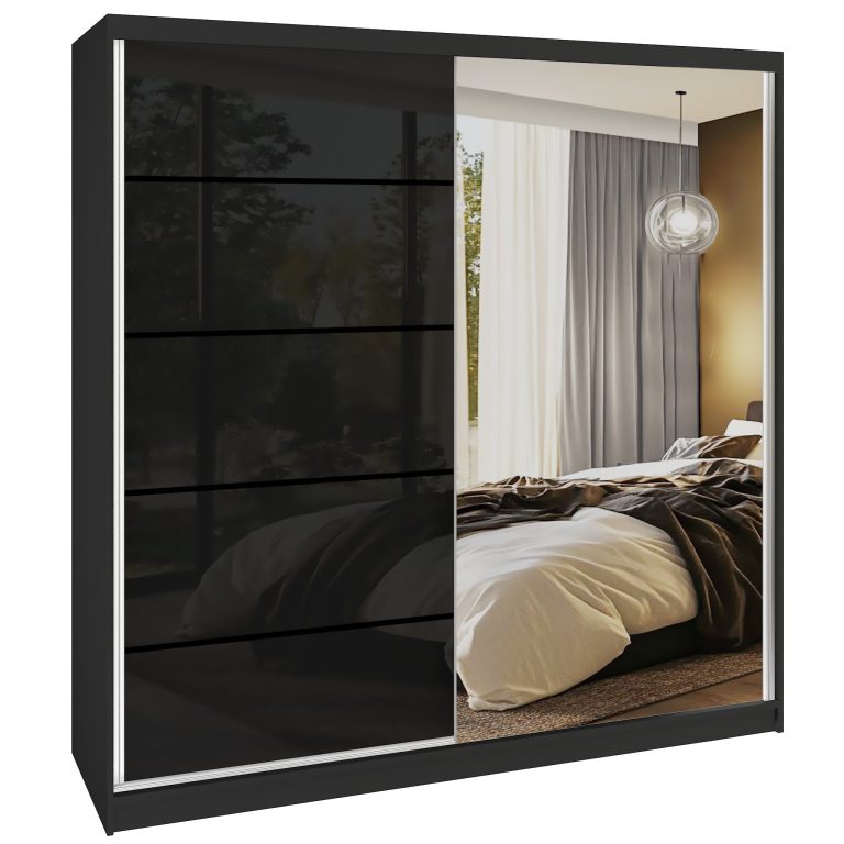 Šatní skříň SERENITY 200 cm Belini černý mat / černý lesk s posuvnými dveřmi a zrcadlem Výrobce MGB SERENITY SZP5/0/B/B/0/HIAL