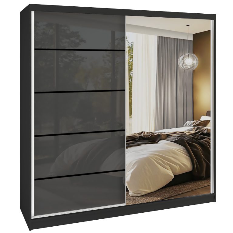 Šatní skříň SERENITY 200 cm Belini černý mat / šedý lesk  s posuvnými dveřmi a zrcadlem Výrobce MGB SERENITY SZP5/0/B/S/0/HIAL