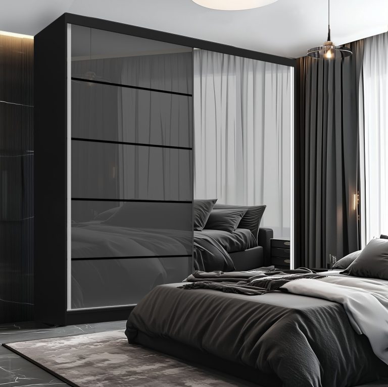 Šatní skříň SERENITY 200 cm Belini černý mat / šedý lesk  s posuvnými dveřmi a zrcadlem Výrobce MGB SERENITY SZP5/0/B/S/0/HIAL