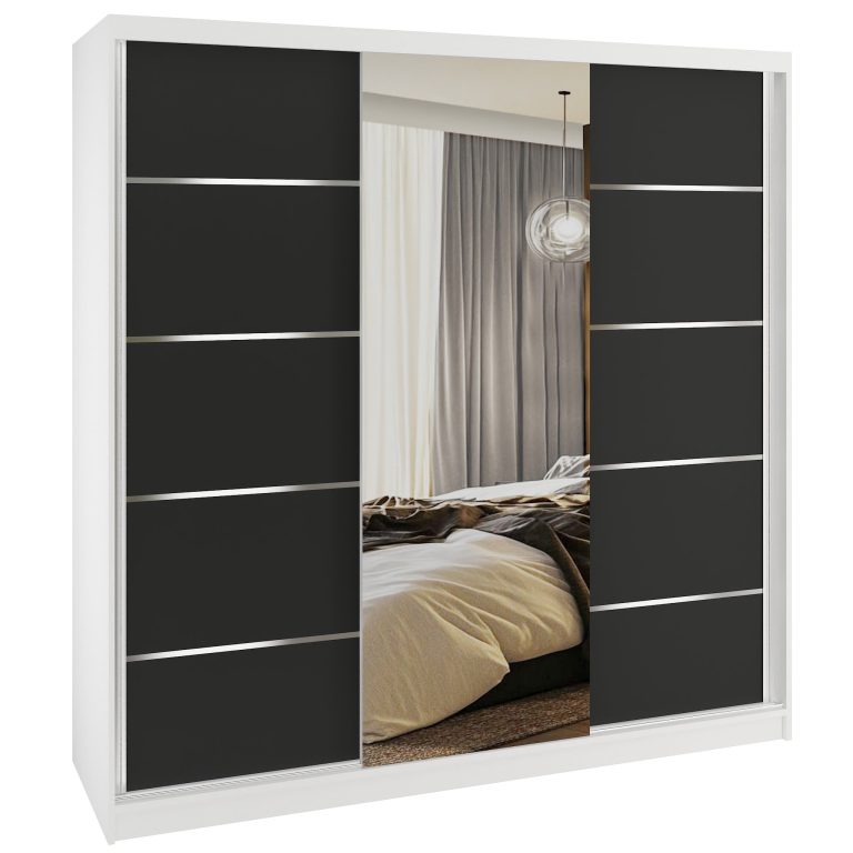 Šatní skříň SERENITY 200 cm Belini bílý mat / černý mat  s posuvnými dveřmi a zrcadlem Výrobce MT SERENITY SZP5/0/W/B/0/HIAL