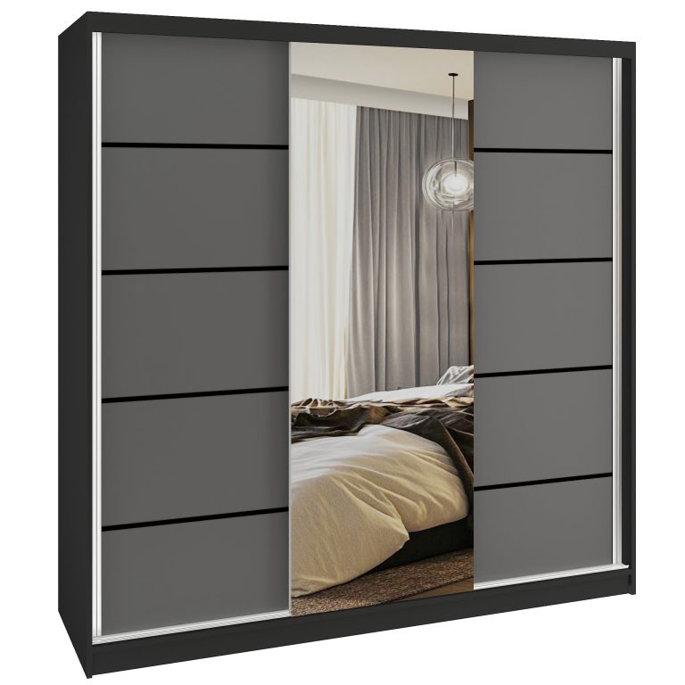 Šatní skříň SERENITY 200 cm Belini černý mat /šedý mat s posuvnými dveřmi a zrcadlem Výrobce MT SERENITY SZP5/0/B/SR/0/HIAL