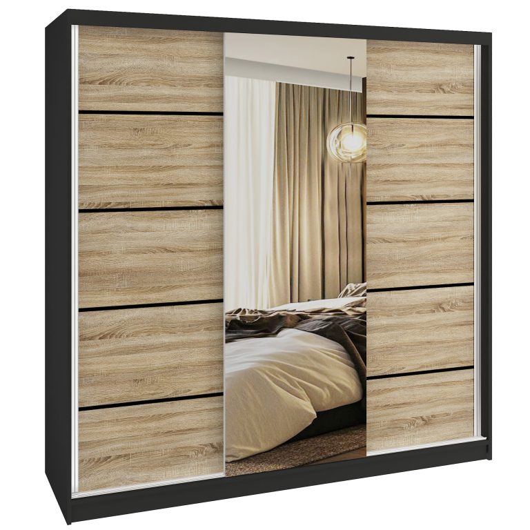 Šatní skříň SERENITY 200 cm Belini černý mat /dub sonoma s posuvnými dveřmi a zrcadlem Výrobce MT SERENITY SZP5/0/B/DS/0/HIAL
