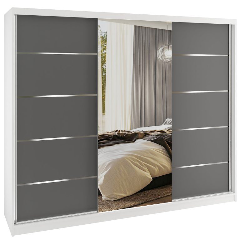 Šatní skříň SERENITY 232 cm Belini bílý mat / šedý mat s posuvnými dveřmi a zrcadlem Výrobce MBP SERENITY SZP8/0/W/SR/0/HIAL