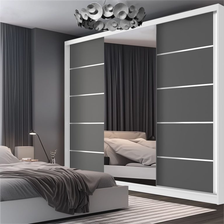 Šatní skříň SERENITY 200 cm Belini bílý mat /šedý mat s posuvnými dveřmi a zrcadlem Výrobce MT SERENITY SZP5/0/W/SR/0/HIAL