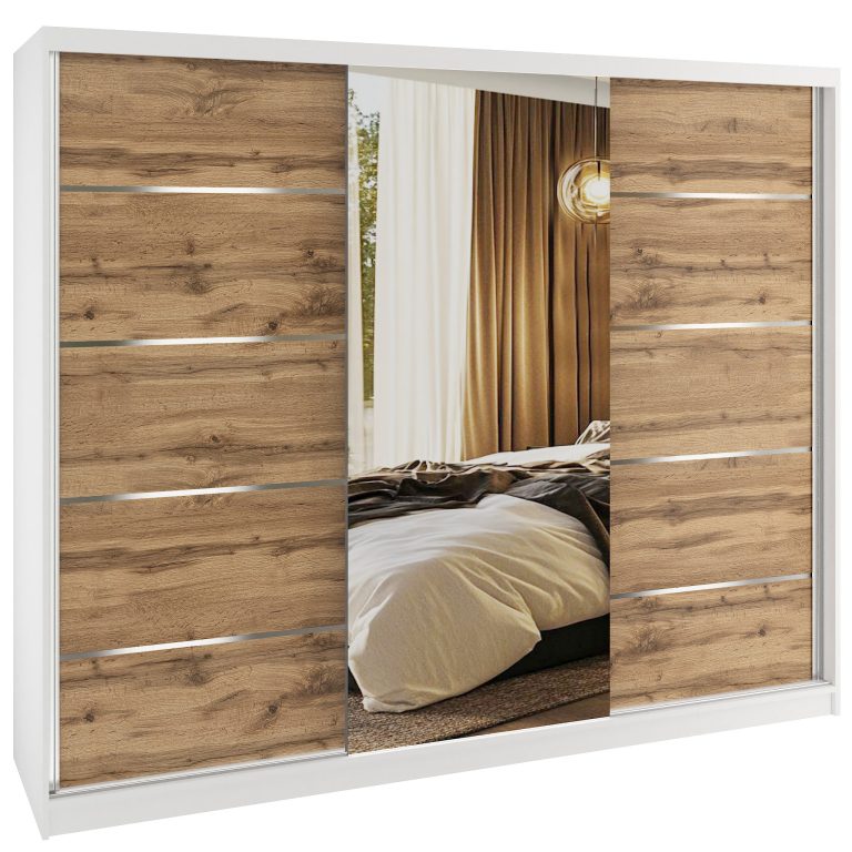 Šatní skříň SERENITY 232 cm Belini bílý mat /dub wotan s posuvnými dveřmi a zrcadlem Výrobce MBP SERENITY SZP8/0/W/DW/0/HIAL