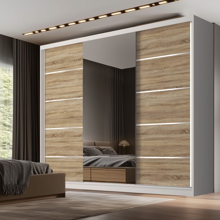 Šatní skříň SERENITY 200 cm Belini bílý mat /dub sonoma s posuvnými dveřmi a zrcadlem Výrobce MT SERENITY SZP5/0/W/DS/0/HIAL