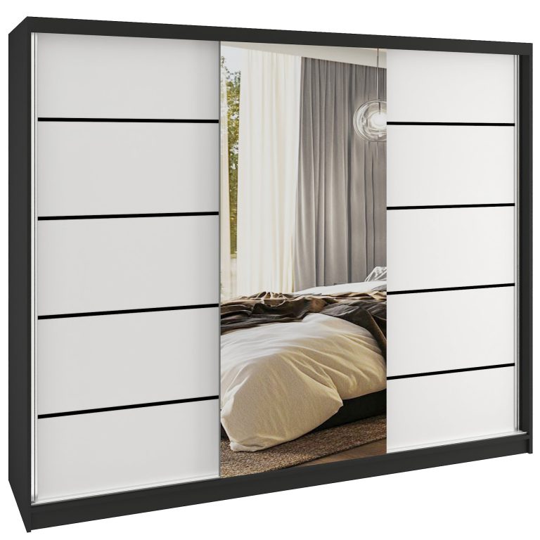 Šatní skříň SERENITY 232 cm Belini černý mat / bílý mat s posuvnými dveřmi a zrcadlem Výrobce MBP SERENITY SZP8/0/B/W/0/HIAL